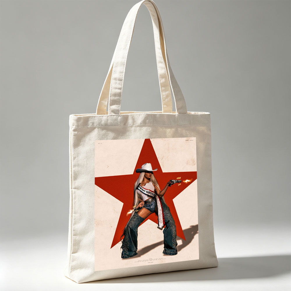 Cardi B in Cowboy Outfit Holding Guns Against Red Star Background - Canvas tote bags