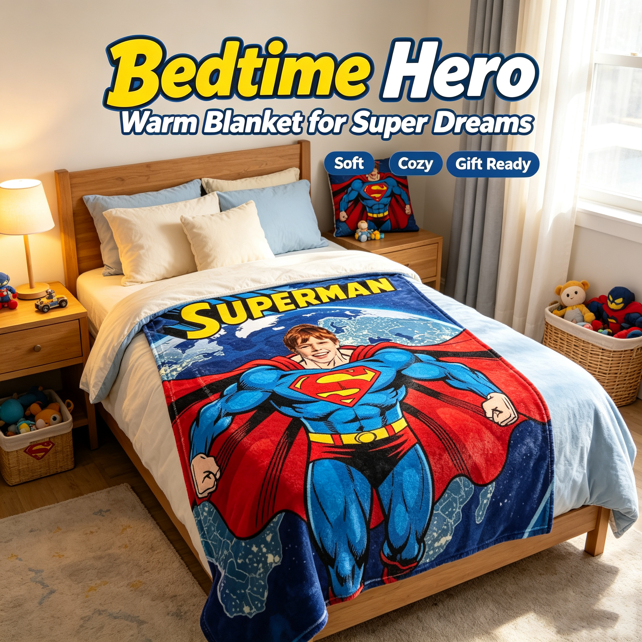Personalized Superman Flannel Blanket, Custom Photo Superhero Throw Blanket For Kids Birthday Gift