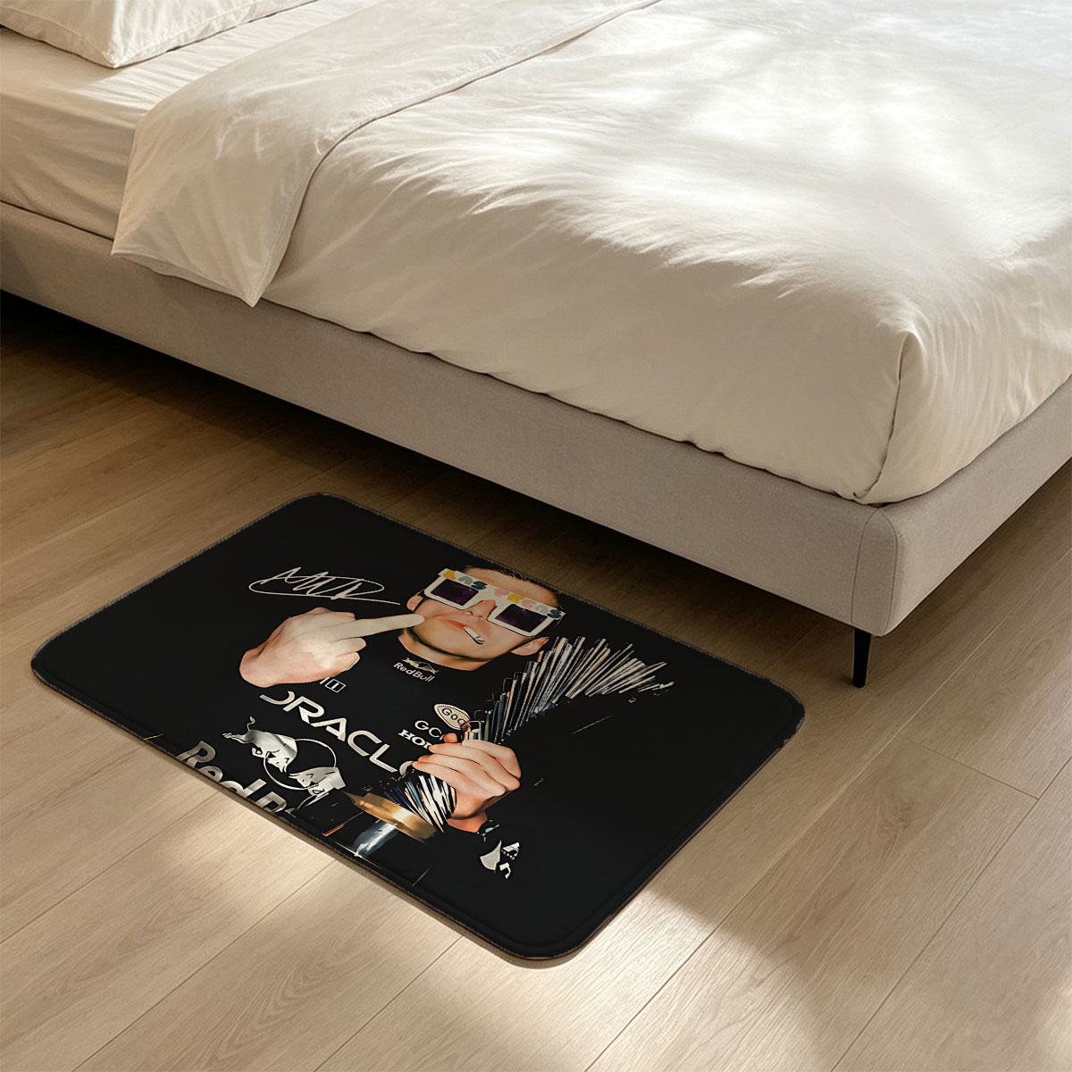Max Verstappen in Red Bull Racing Gear, Holding Trophy and Wearing Las Vegas Sunglasses - Flannel floor mat