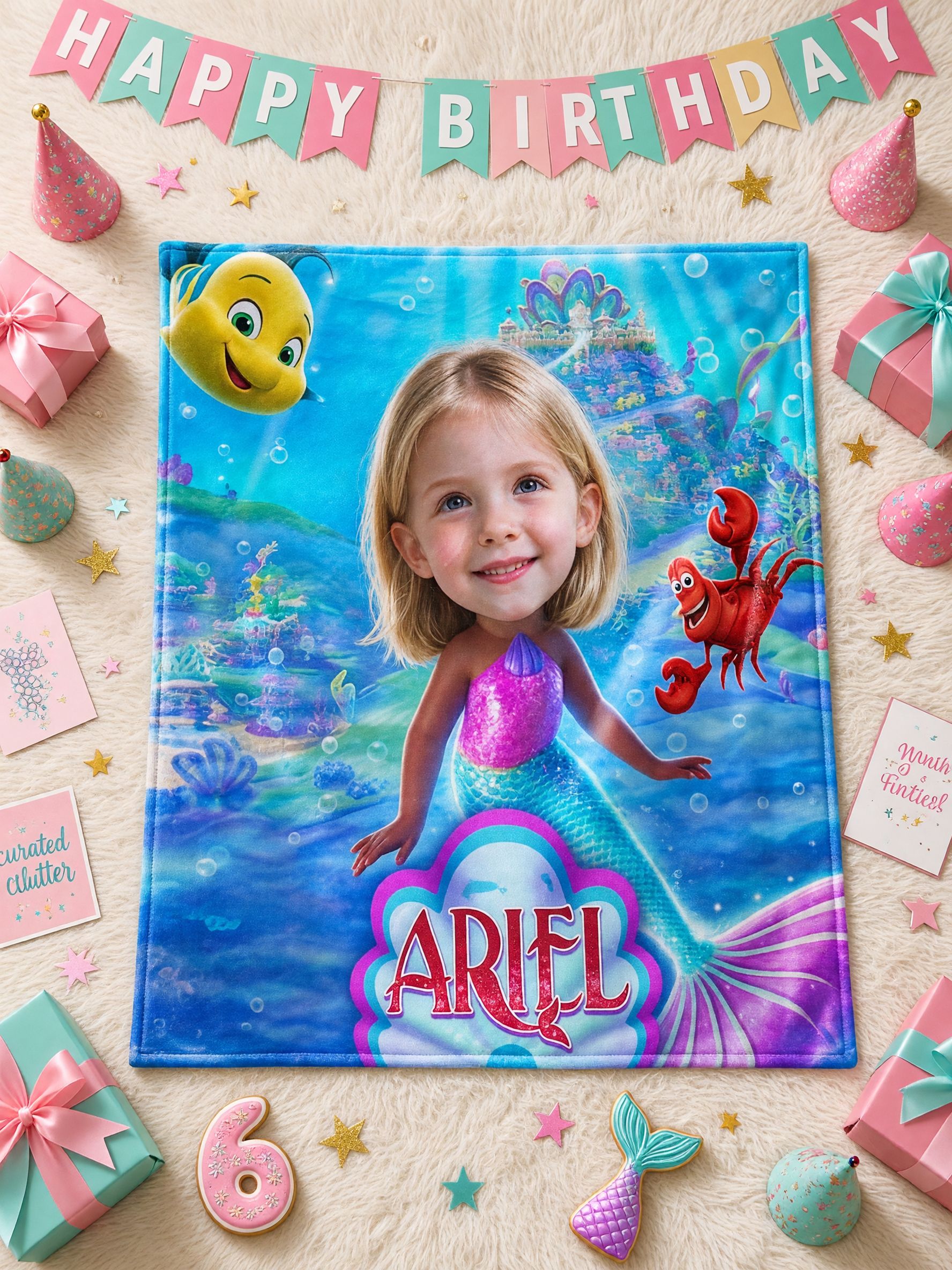 Custom Photo Face Blanket Personalized Mermaid Undersea Flannel Fleece Throw, Ultra Soft Cozy Gift for Kids and Girls