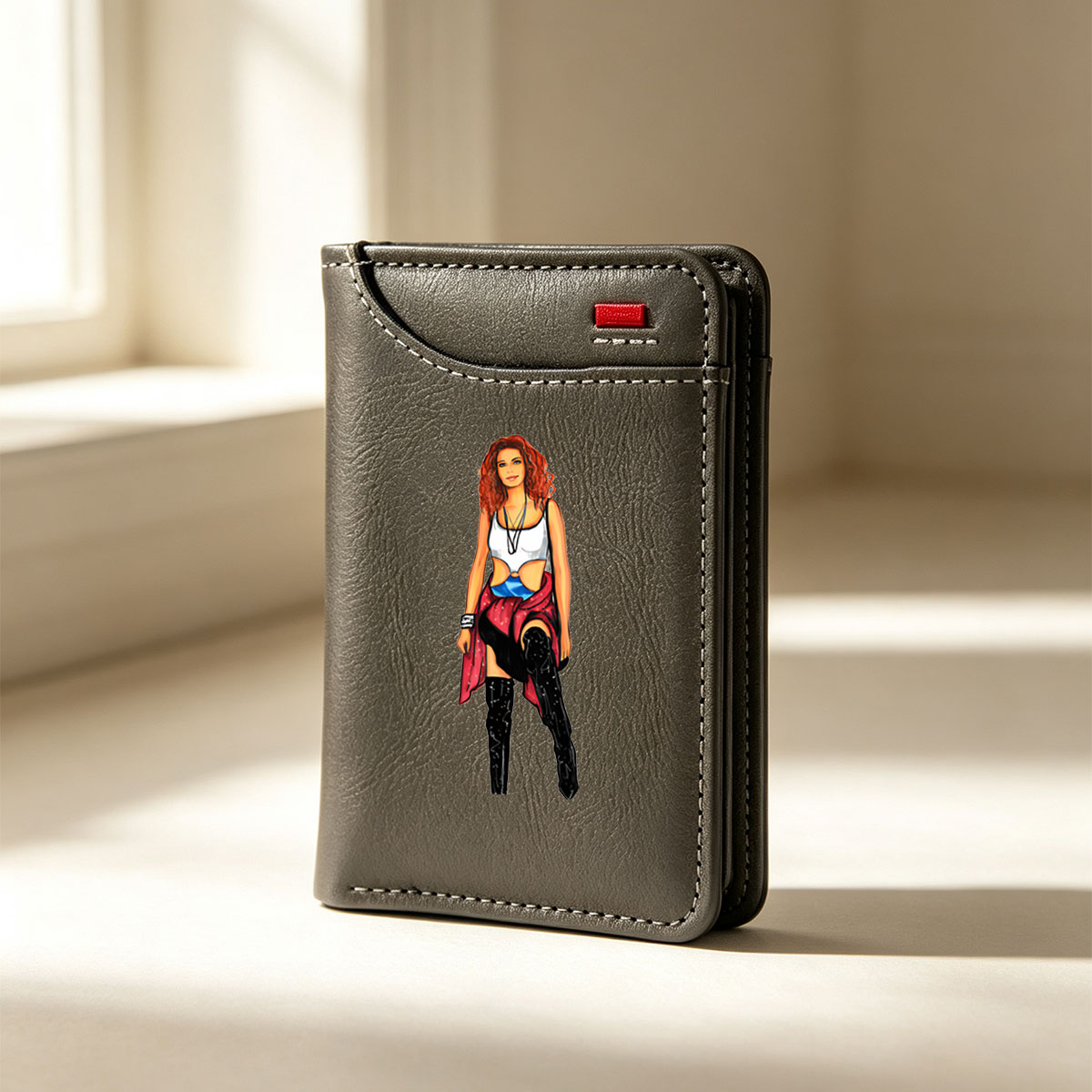 Red-Haired Woman in White Top and Red Skirt with Black Boots - Vertical Style Wallet