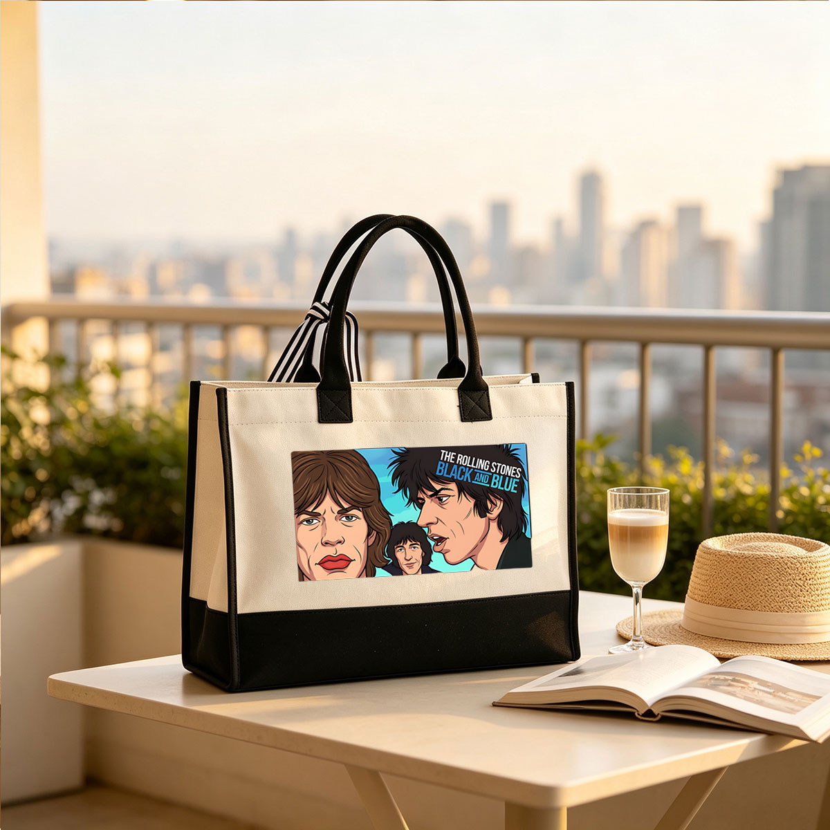 The Rolling Stones: Black and Blue - Mick Jagger, Keith Richards, and Ronnie Wood in Animated Portrait - Canvas patchwork gift tote bag