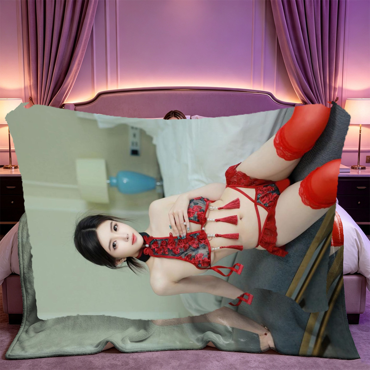 A beautiful Asian woman in black lingerie and stockings kneeling on a bed. - Blanket