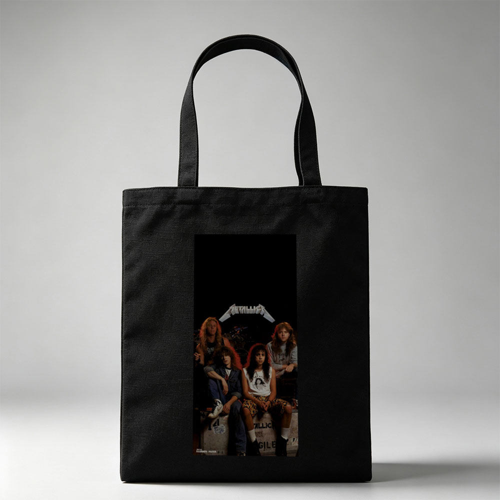 Metallica Band Members in Studio Session with Iconic Logo and Vintage Gear - Canvas tote bags