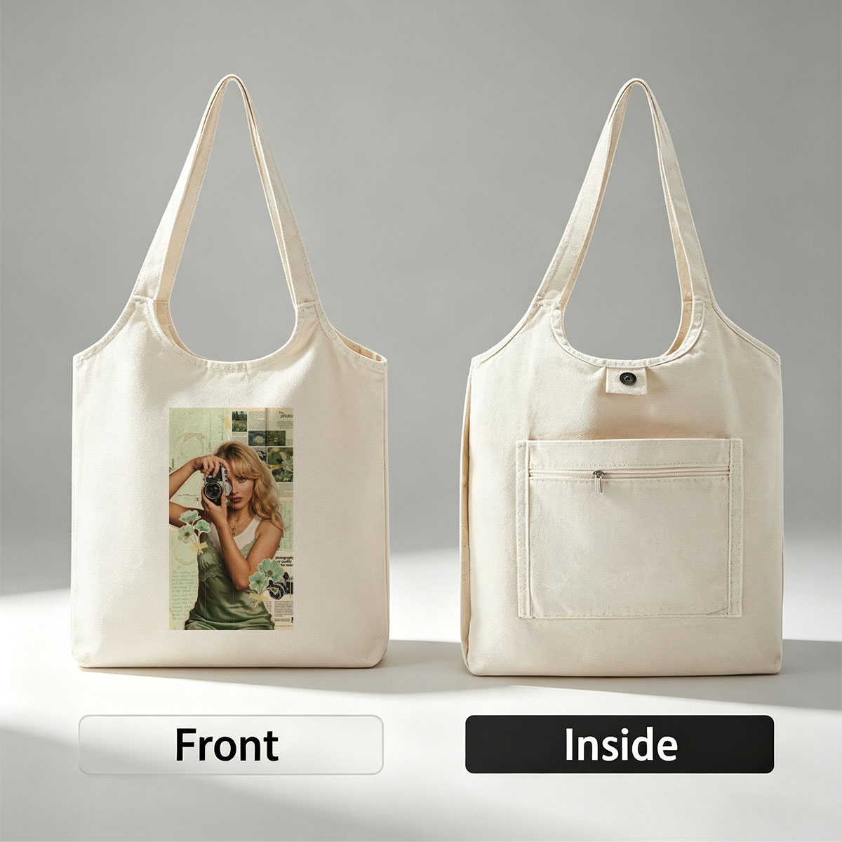 Margot Robbie Holding a Vintage Camera in a Collage-Style Portrait with Floral Elements and Photography Text Background - Canvas shoulder bags/